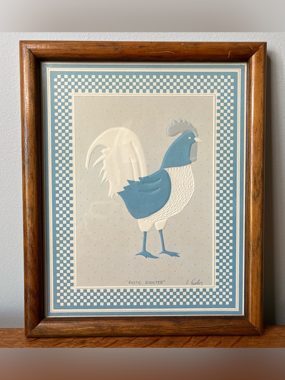 Vintage framed print--"Rustic Rooster" by artist K. Eisler in wood frame 9x11”